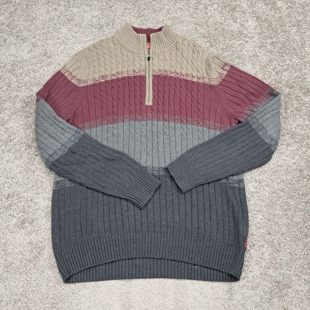 IZOD Mens Quarter Zip Cable Knit Cotton Colorblock Sweater Tan Burgundy Grey L‎
